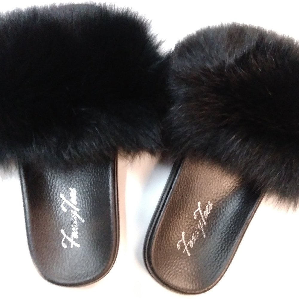 Premium Fox Fur Slides | black | Foxxytoes